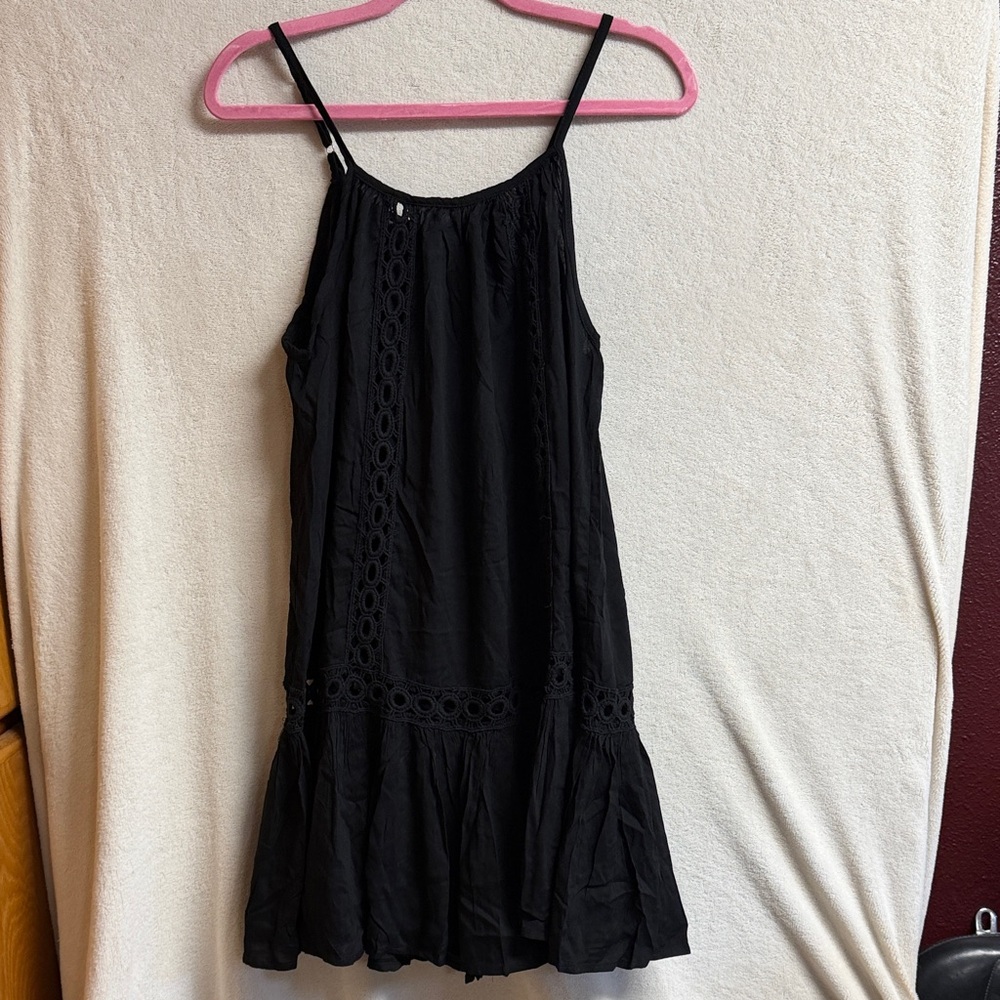 bohme Black Eyelet-Trim Spaghetti Strap Mini Dress
